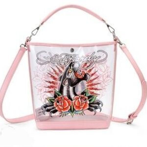 Ed Hardy clear pink trim Ed hardy black panther red roses printed pvc bucket bag